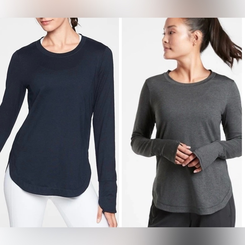Lot of 2 LARGE Athleta Uptempo long sleeve tops shirts tunic blue navy gray